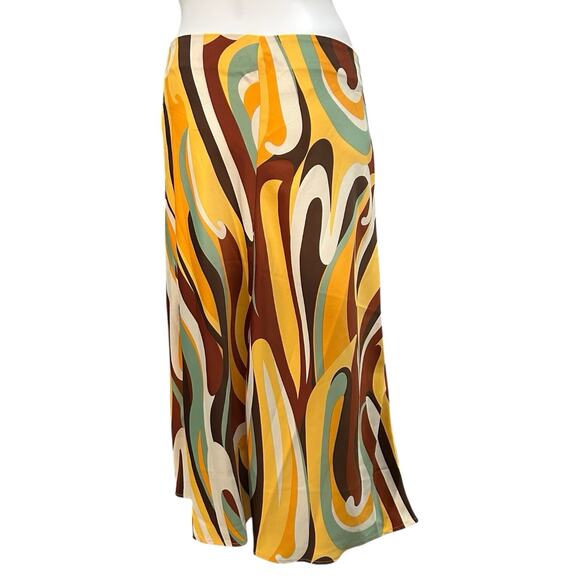 NWT Bar III Skirt Sz 12 Retro Satin Swirl Midi Skirt Yellow Brown Teal Abstract - Picture 2 of 9